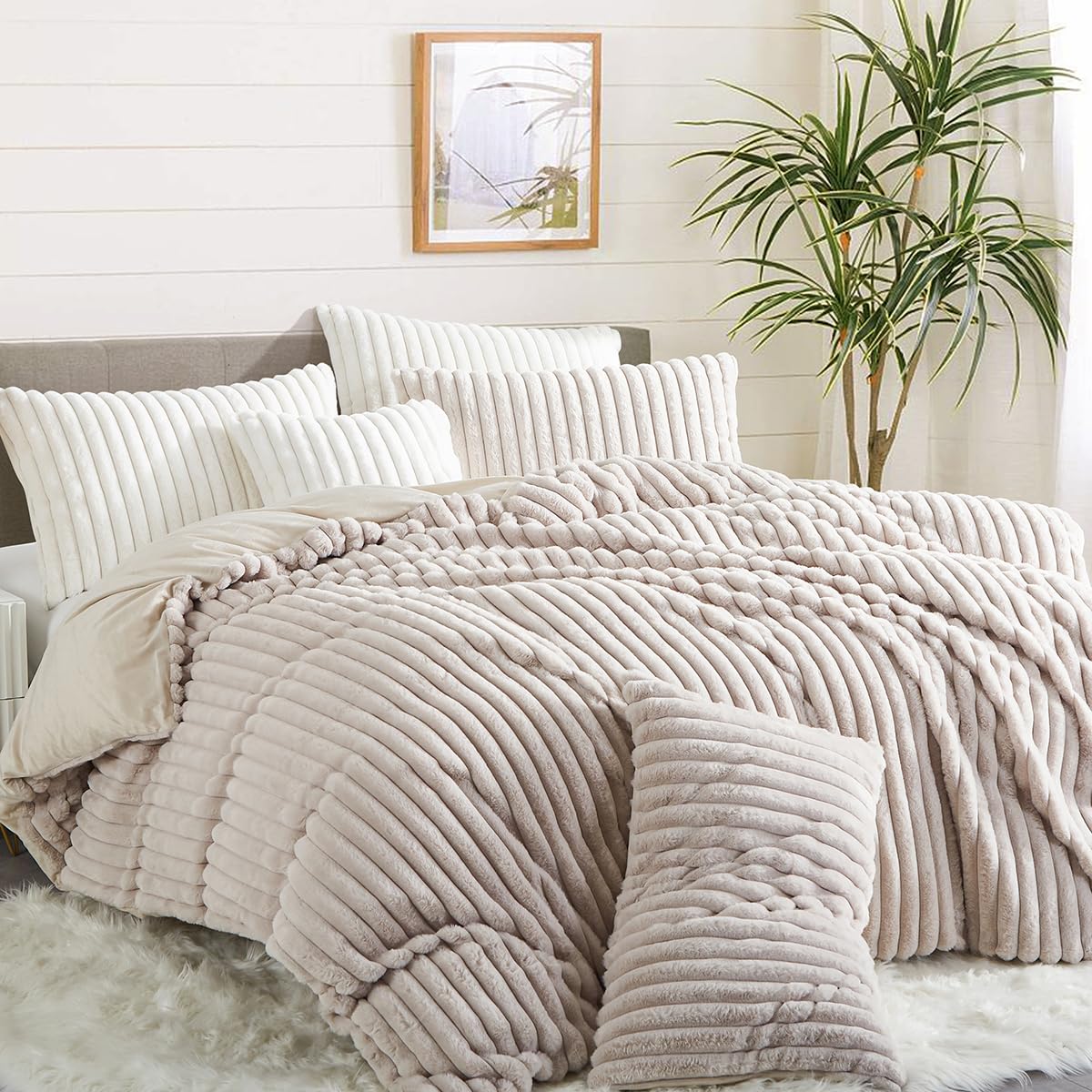 Nayoroom Fluffy Faux Fur Duvet Cover King Size Velvet Flannel Beige Striped Reversible Comforter Cover Winter Warm 3 Pcs Luxury